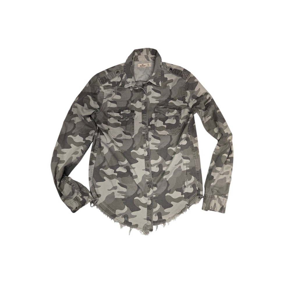 Hollister Women's XS Grey Camouflage Button-Up‎ Utility Shirt Distressed...